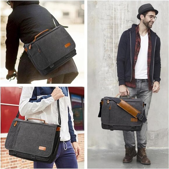 Men’s Grey Canvas Water Resistant Messenger Bag 15.6” Laptop Shoulder Bag - Picture 7 of 12